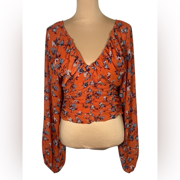 Free People Final Rose Floral Print Deep V-Neck Long Balloon Sleeve Ruched Top M - Picture 3 of 14